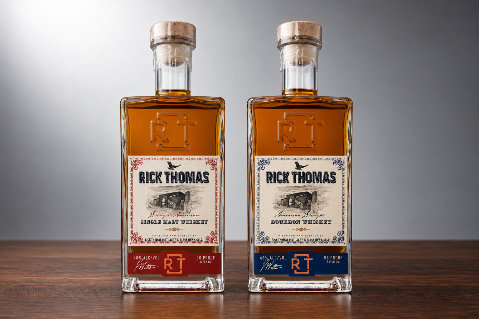 Rick Thomas Straight American Single Malt and American Straight Bourbon Whiskey bottles