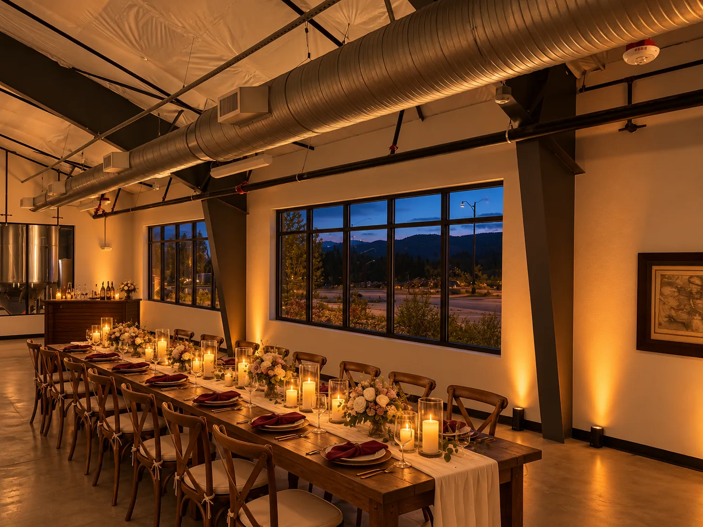 Long dinner table set with candles in the event room at dusk