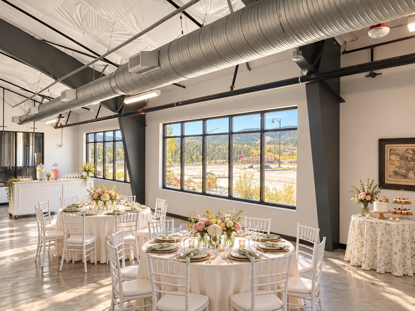 Reception tables with floral arrangements beside the event room windows