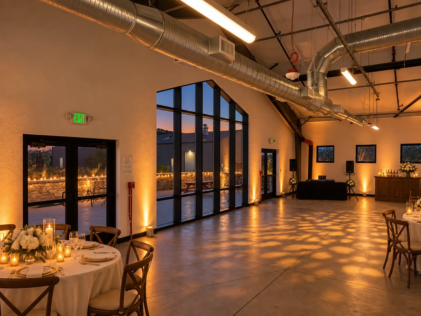 Open event room lit for an evening celebration