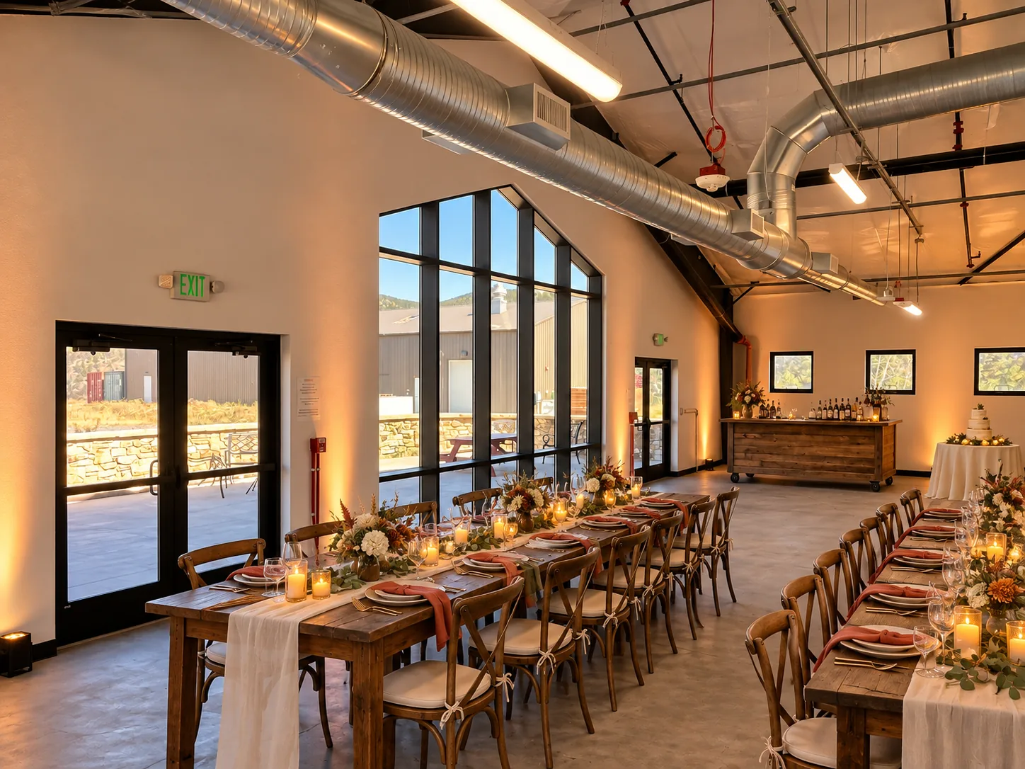 Long dining table set beside the event room windows