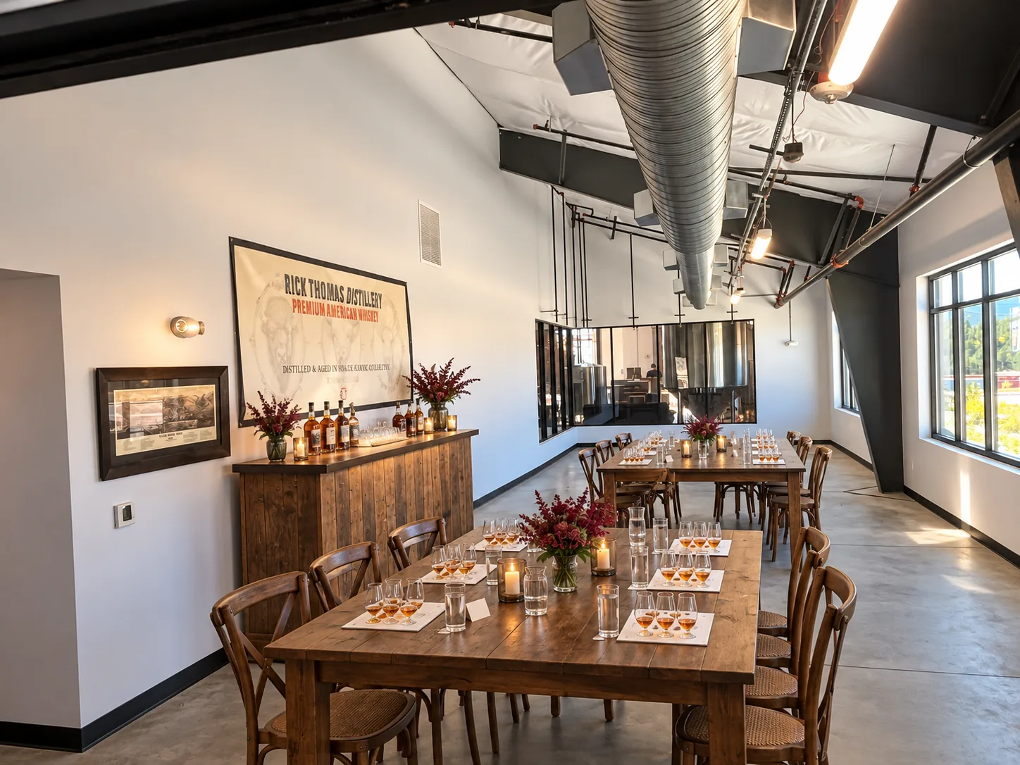 Tasting tables arranged in the distillery event room