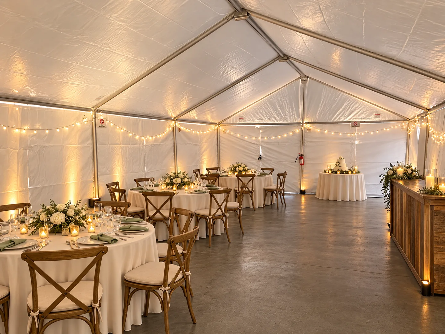 Reception tables and warm lights beneath an event tent