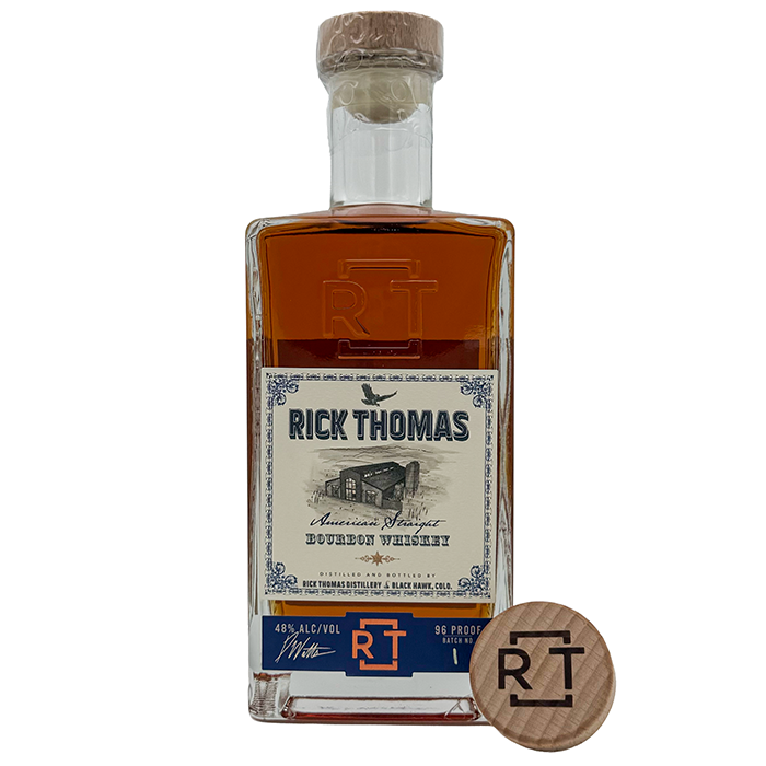 Front of Rick Thomas American Straight Bourbon bottle