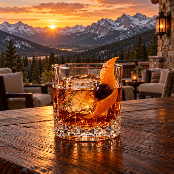 Rick Thomas Straight Bourbon cocktail in a mountain setting